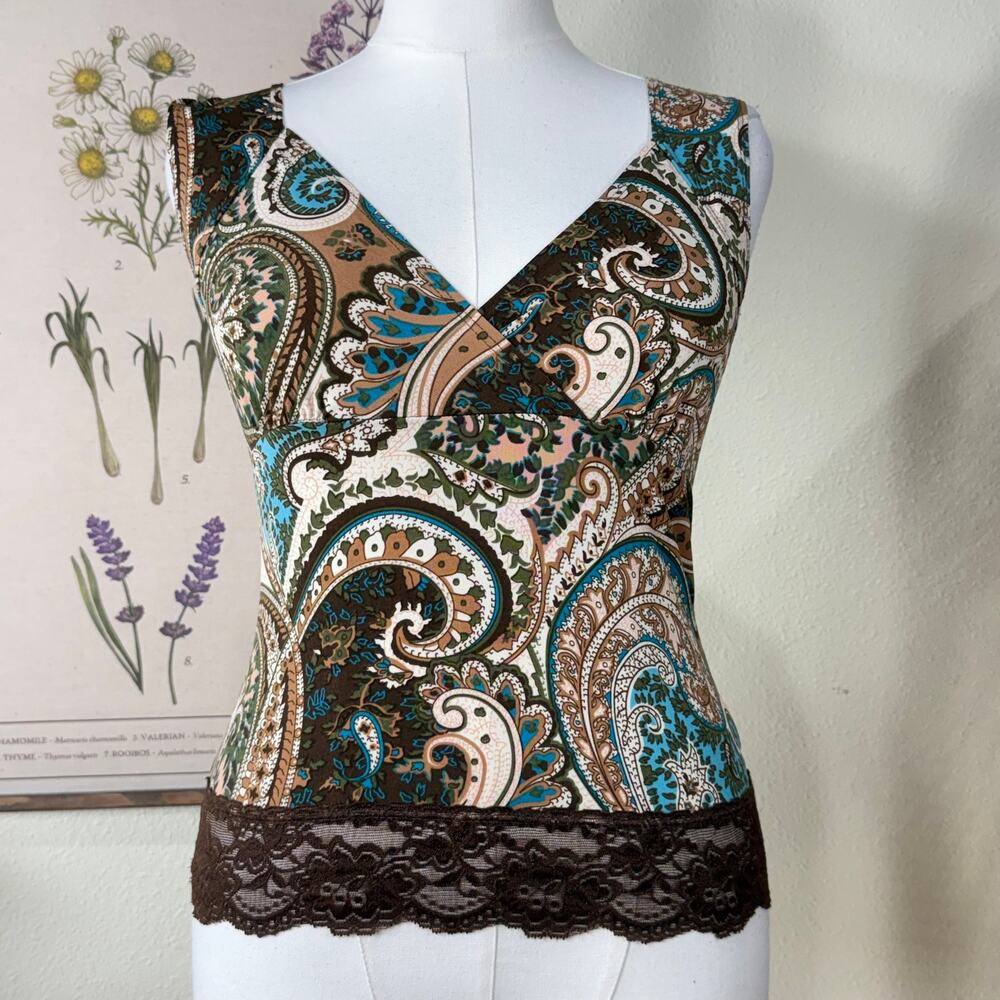 Vintage 90s Y2k Paisley Lace Babydoll Top Boho Hippie Fairy Grunge Forest M